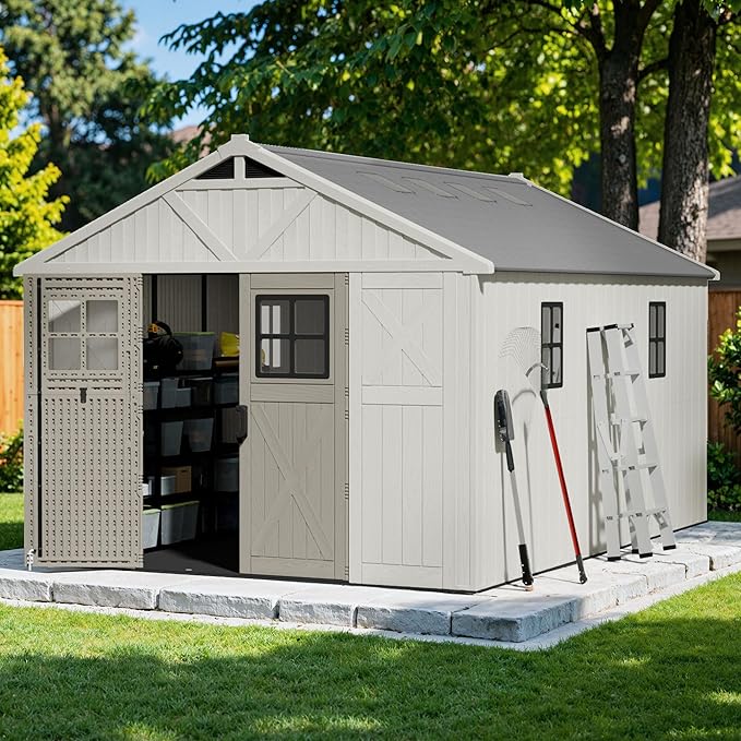 Devoko 10x14 FT Resin Outdoor Storage Shed with Floor, Plastic Tool Garden Shed with Windows & Lockable Door, Outside Large Storage Shed for Patio Backyard Lawn, Beige