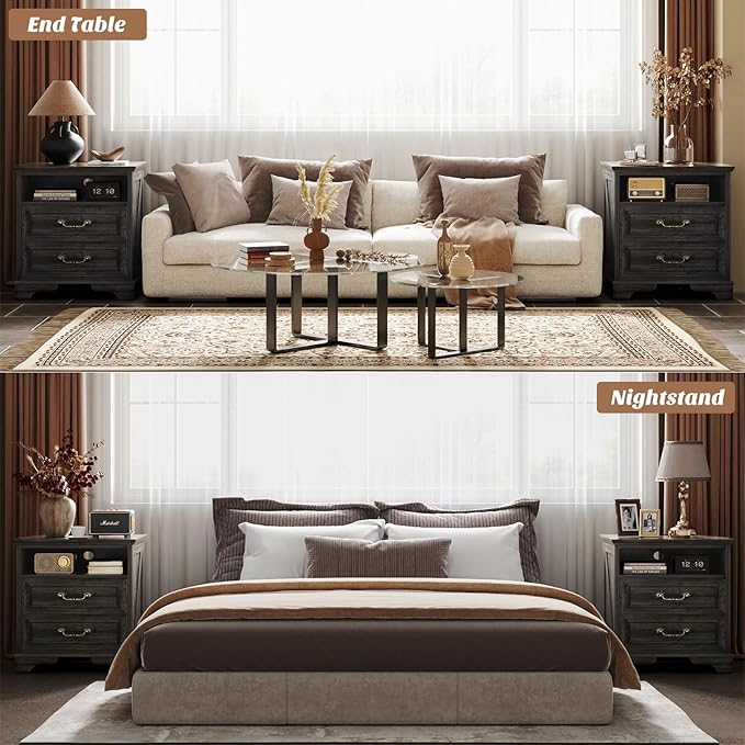 Unikito Farmhouse Nightstand with Charging Station, Bedside Table with 2 Large Drawers & Vintage Handles, Side Table with Open Storage for Bedroom Living Room Sofa Couch Office (Gray Oak)