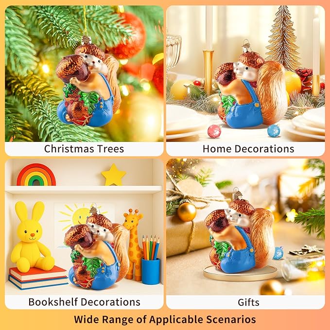 Squirrel Christmas Tree Ornaments,Hand-Blown Glass Christmas Ornaments,Personalized Squirrel Collection Hanging Ornaments,Glass Hanging Decorations for Animal Lovers Holiday Party Home Gifts