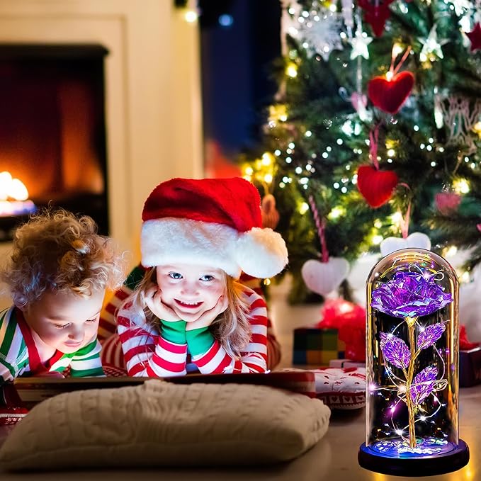 Christmas Rose Gifts for Women Mom, Womens Gifts for Christmas, Glass Flower Gifts for Sister, Rose Enchanted Crystal Flower Gift Light Up in Glass Dome,Birthday Gift for Women Wife Purple