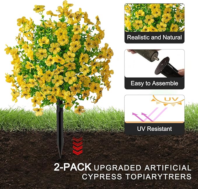 2Pcs 21" Artificial Boxwood Topiary Ball with Flowers Plants with Ground Spikes for Outdoor UV Resistant Realistic Fake Bushes Plants for Garden Yard Front Porch Patio Decor (Violet Yellow)