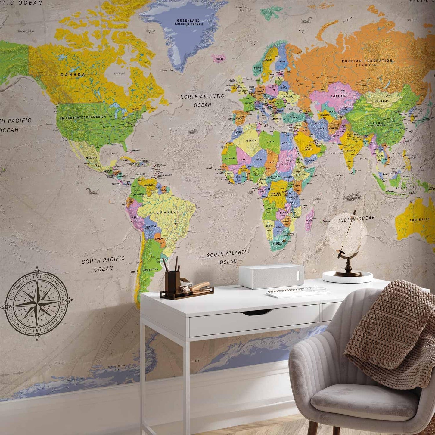 artgeist Premium Wall Mural World Map 79x55 in - XXL Non-Woven Wallpaper Fleece Wall Decor Photo Print Picture Image Design Home Map of The World k-A-0129-a-a