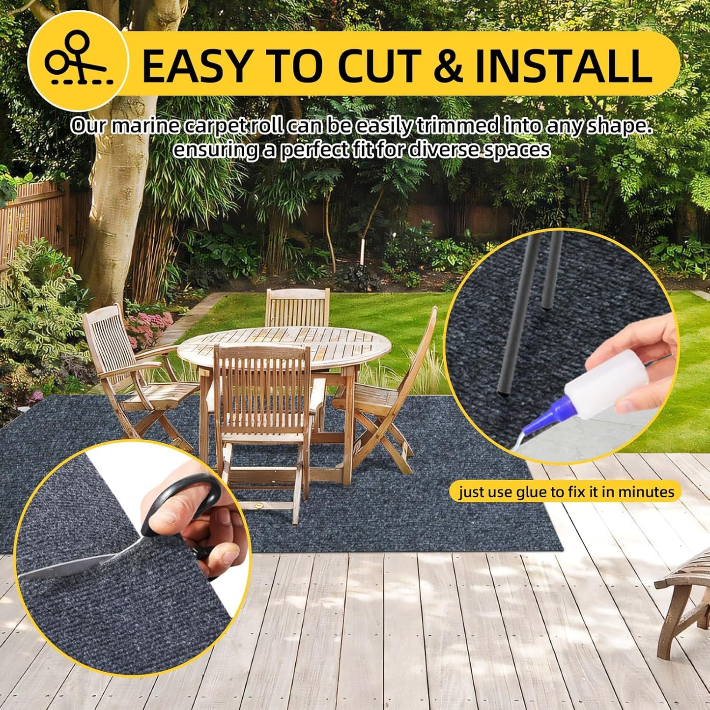 Marine Carpet,5 FT x 15 FT Dark Gray Indoor Outdoor Carpet 0.2" Thick Boat Carpet with Water-Proof TPE Backing, Non-Slide Outdoor Marine Carpet Roll for Home, Patio, Porch, Deck