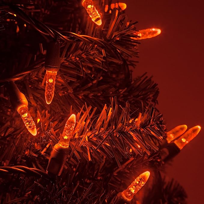 M5 LED Mini Ice Amber Prelamped Light Set, Green Wire - 70 M5 Amber LED Christmas Lights, 4" Spacing
