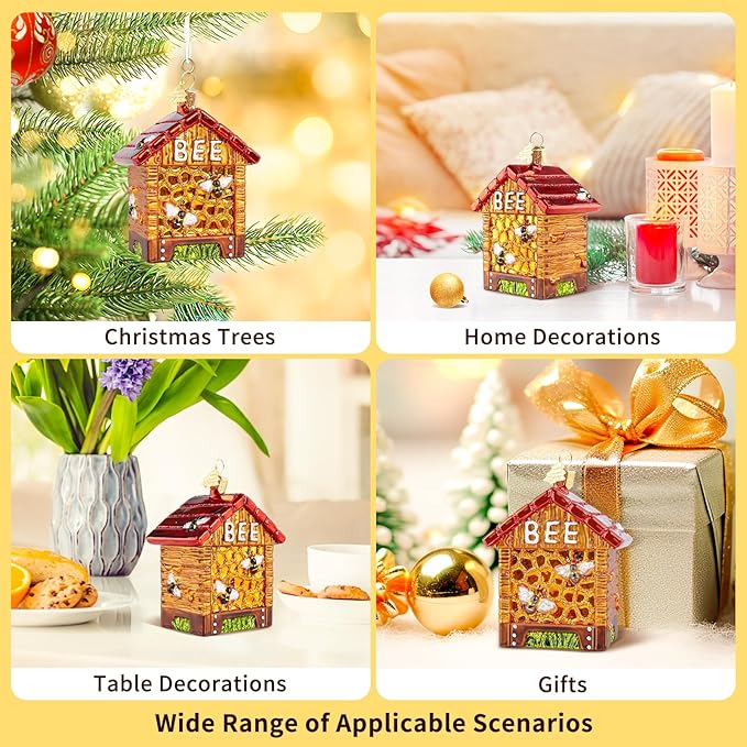 Bee Christmas Ornaments,Glass Blown Ornaments for Tree,Beehive Box Collection Figurines Hanging Ornaments, Christmas Tree Decorations for Bee Lovers Holiday Party Home Gifts