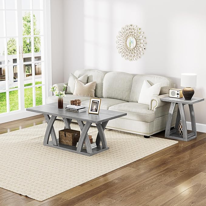 47” Farmhouse Coffee Tables for Living Room Rustic Stands with Storage Shelf Grey Coffee Tables for Living Room Farmhouse Center Stands with Shelf Wood Rectangle Center Table