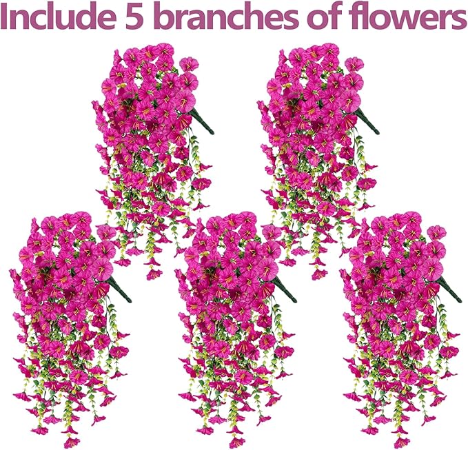 Rich and Eye-catching 5 PCS Artificial Hanging Flowers,Silk Morning Glory Faux Flowers with Eucalyptus Leaves,uv Resistant Fake Hanging Petunias Plants for Yard Decoration(Fuchsia)