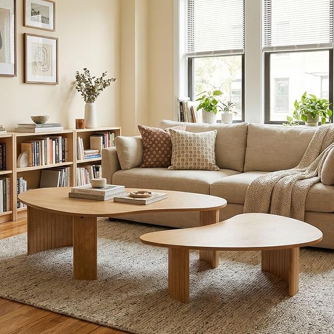 Modern Wood Coffee Table 47.25 Inch for Living Room, Natural Boho Center Table with Irregular Mango Top and Fluted Legs for Apartment