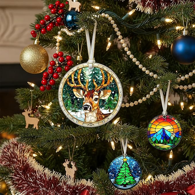 Deer Christmas Ornaments 2025, Stained Glass Christmas Tree Decorations, Exchange for Women, Men, Collectible Dated Year Ornaments for Tree - Glass Hanging Ornament