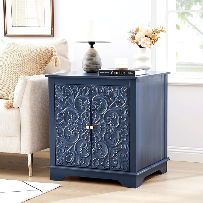End Table Set of 2, 24" Farmhouse Nightstand with Carved Floral Door & Adjustable Shelf, Square Wooden Sofa Side Table with Storage for Living Room Bedroom (Midnight Blue)