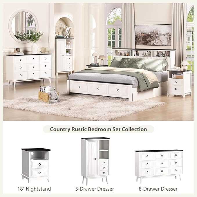 Farmhouse Nightstand, 24" Wooden Couch Side Table with 2 Drawers & Open Shelf, Rustic End Table for Bedroom & Living Room, Bedside Space-Saving Accent Storage Cabinet (White)