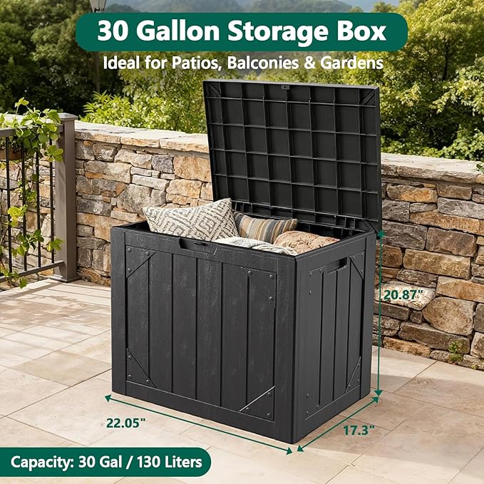 Outdoor Storage Box, 30 Gallon Deck Box Outdoor Storage Bench Outside Waterproof Resin Storage Bench, Lockable Patio Cushions, Garden Tools Storage For Furniture, UV Resistant (Black)