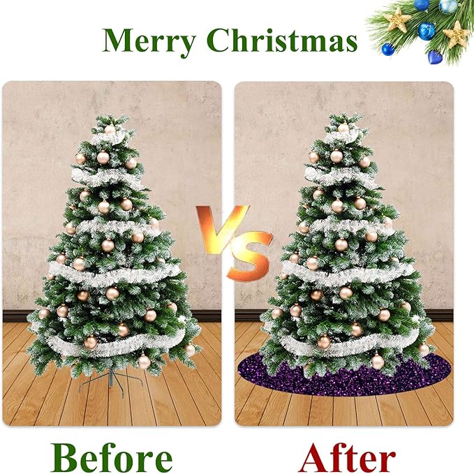 FUHSY Purple Tree Skirt Christmas 48 Inches Sparkly Sequin Tree Skirt Velvet Large Tree Skirts Collar Halloween Tree Skirts Royal Purple Christmas Tree Ornaments for Holiday Party Indoor Outdoor