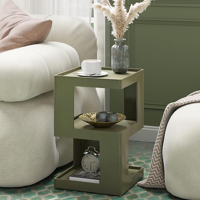 COZAYH Farmhouse Geometric Wood End Table, Distressed Accent Side Table with Two Storage Space, 3-Layer Cube Design for Bedroom, Living Room, Entryway, Green