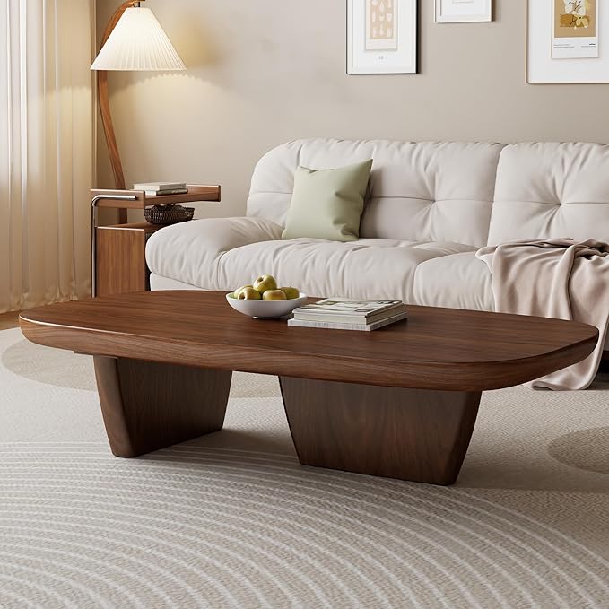 Walnut Coffee Table, Mid Century Modern Decor Low Cocktail Tea Table with Rounded Corners for Living Room, Home, Office, 51.2" Brown