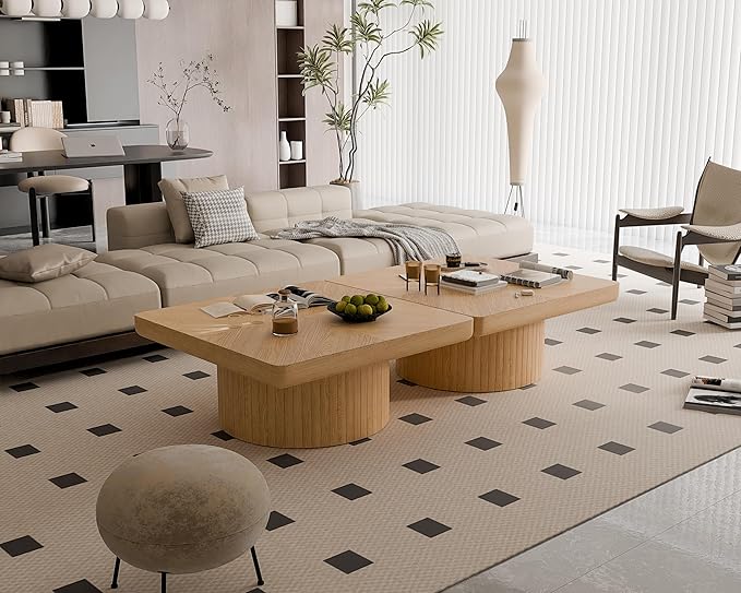 Square Coffee Table with Round Wood Pedestal Coffee Tables for Living Room, Modern Rustic Center Table Easy Assembly Natural-ø34.6"&ø34.6 ø14.9