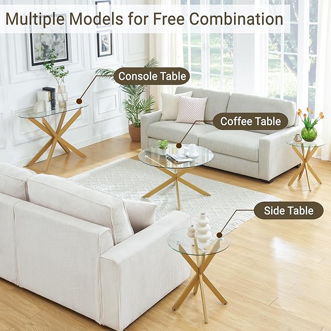 Gold & Round Glass Coffee Tables for Living Room, Home Office, Modern & Simple Center Table with Clear Tempered Glass Top, 35.5" Wx19.7 H