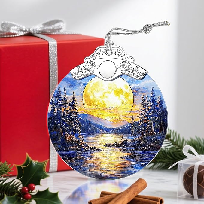 Christmas Ornaments: Stained Glass Ornament, Christmas Tree Ornament, Hanging Ornaments for Home Decor, Xmas Tree Decorations, Holiday Decor, Gift, Holiday Present - Full Moon Over Forest Lake