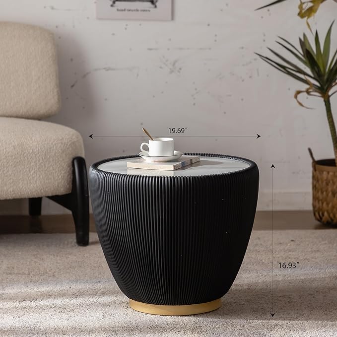 19.69" Black Round Coffee Table, Drum Coffee Table with Sintered Stone Tabletop and Fluted PU Leather Covered and Metal Base, Circle Cocktail Tea Table for Living Room