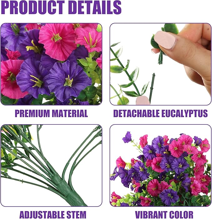 Artificial Fake Hanging Flowers Plants for Outdoor Outside Spring Summer Decoration 2PCS Faux Silk UV Resistant Realistic Morning Glory with Eucalyptus for Home Porch Patio Balcony(Purple & Magenta)