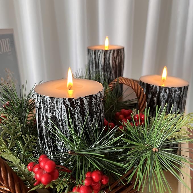 MOZEAL Hand-Poured Unscented Candle,Dripless Smokeless Cotton Wick Pillar Candle Set of 3,Includes 4", 5" and 6",300 Hours Burn Time,Country Style,for Christmas and Fireplace Decor(Black Pine Tree)