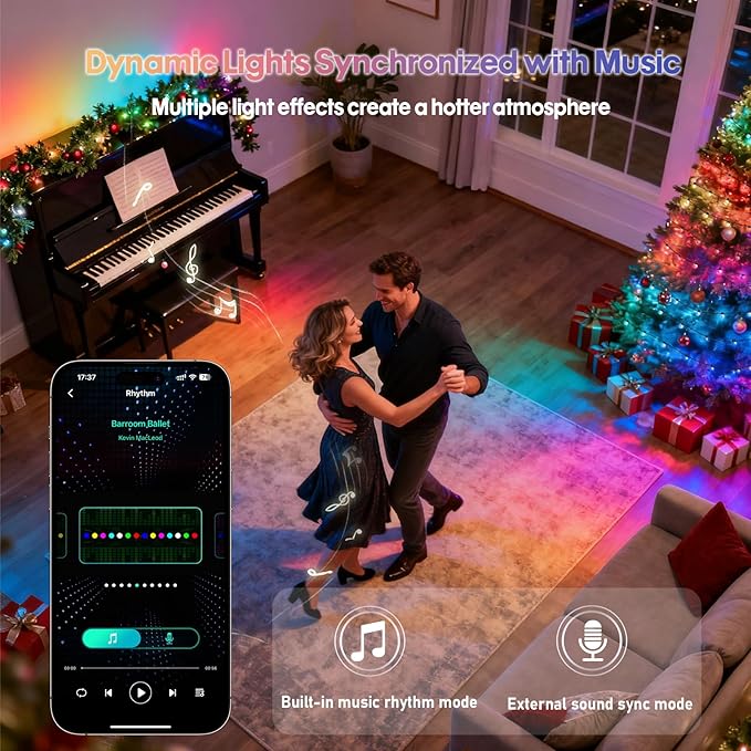 16.4Ft Smart Globe String Lights, 25 Dimmable RGB Mini Color Changing LED String Lights with App & Remote Control Music Rhythm Timer for Halloween Christmas Indoor Bedroom Party Decor