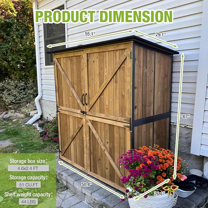 Outdoor Storage Shed with Metal Frame,Large Wooden Tool Cabinet with Adjustable Shelfs, House Garden Shed for Backyard Garden Patio Lawn