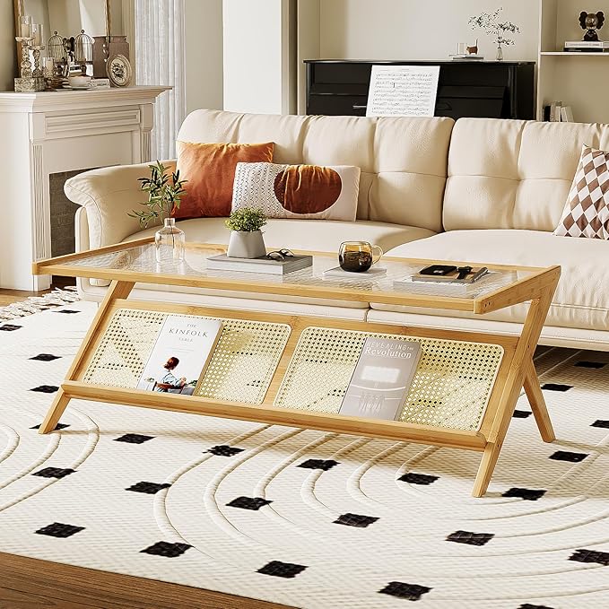Bamworld Rattan Coffee Table Mid-Century Modern Coffee Table BambooTable with Glass Top for Living Room Office