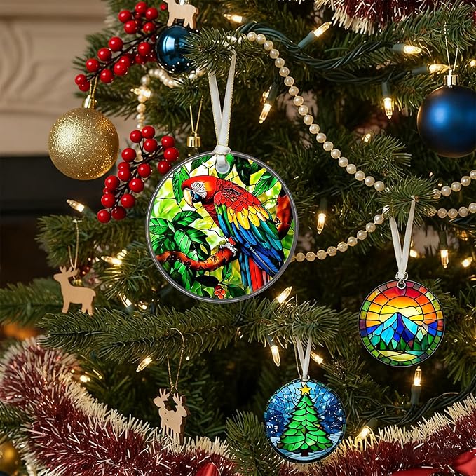 Christmas Ornaments 2025, Stained Glass Christmas Tree Decorations, Exchange for Women, Men, Collectible Dated Year Ornaments for Tree(Parrot)