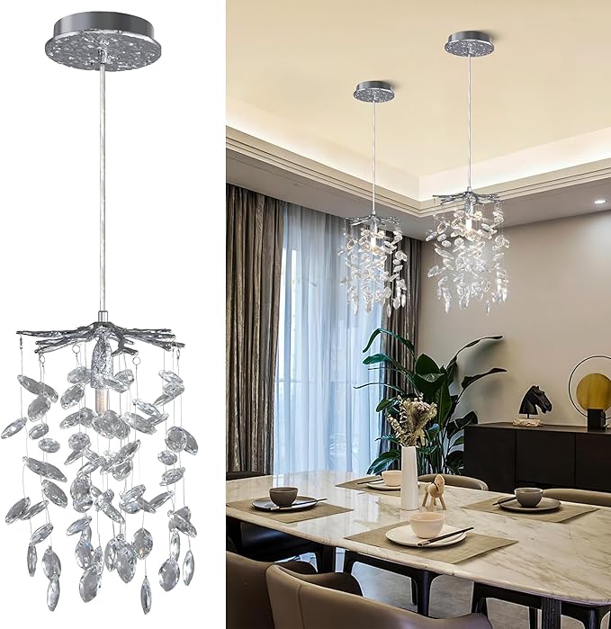 YUYI Modern Crystal Chandelier, 8.3" Silver Tree Branch Chandelier for Dining Room, Luxury Raindrop Pendant Light Fixture for Living Room, Kitchen Island, Bedroom, Foyer, 1 Light