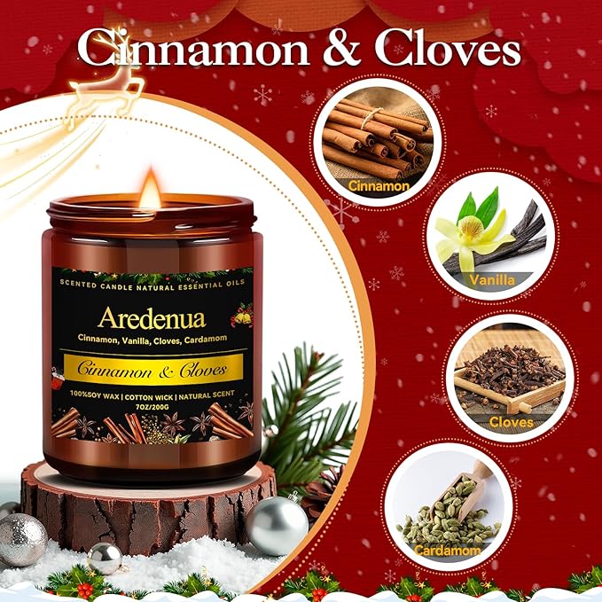 Cinnamon & Cloves Candle | Christmas Scented Candles, Soy Candles for Home, Holiday Aromatherapy Candle Gift for Women Men β Warm Spiced Christmas Gifts for Home