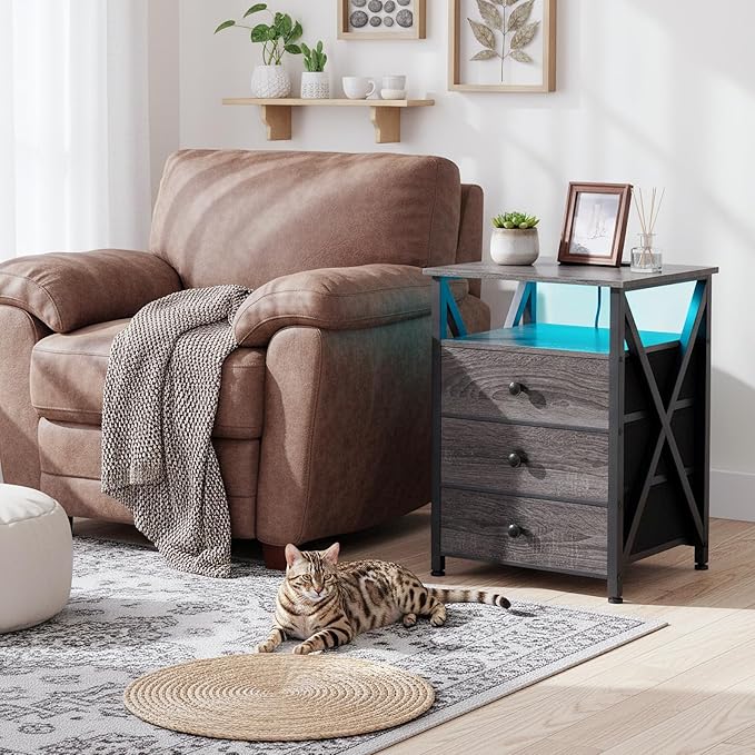 AMHANCIBLE LED Nightstand with Charging Station, Smart End Side Table with USB Port & Power Outlet, Bedside Table with Fabric Drawers for Bedroom, Living Room, Dark Grey, HET053LDG-1