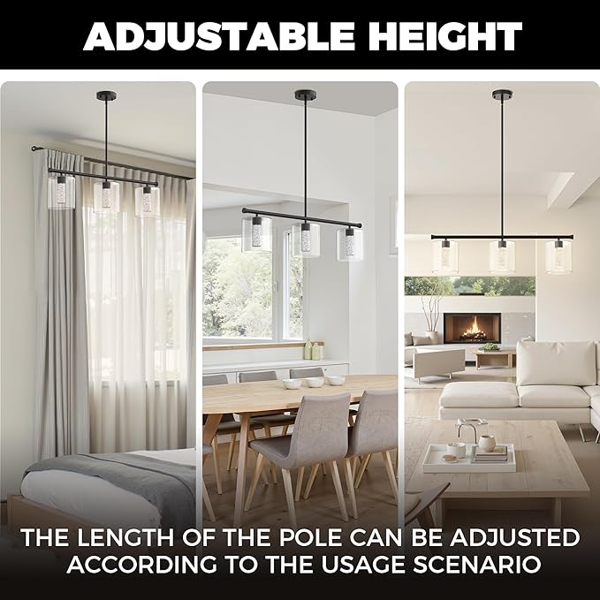 DORESshop 3-Light Chandelier for Dining Room Light Fixture Over Table, 31.3" Modern Black Chandelier with Glass Shades, Adjustable Hanging Pendant Lights Kitchen Island with Remote, 3CCT