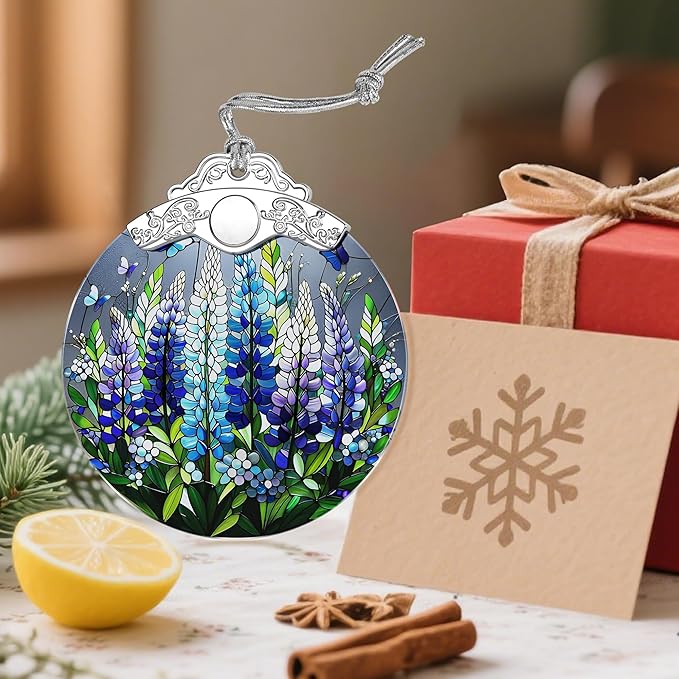 Stained Glass Ornament, Christmas Ornaments, Christmas Decorations for Tree, Holiday Ornament, Gifts for Flower Lovers, Holiday Party Gifts, Gift Ideas & Xmas Gift - Lupine with Butterfly