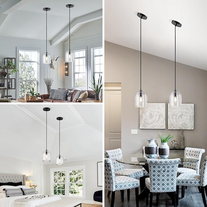 Pendant Light for Kitchen Island, Black Modern Crystal Glass Modern Pendant Lights, Dome Pendant Light in Kitchen Island, E12 Bulb Indoor Island Pendant Lights,for Dining Room,Living Room