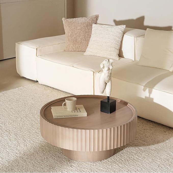 Round Coffee Table with Storage, 30.3” Fluted Drum Modern Living Room Table, Mushroom Shape Wood Gray Center Tables, Accent Coffee Tables for Living Room, Apartment(30.3''L×13.7''H)