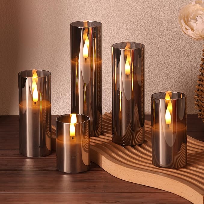 Grey Glass Flameless Candles with Remote Batteries, Flickering Slim Christmas LED Pillar Candles Set of 5