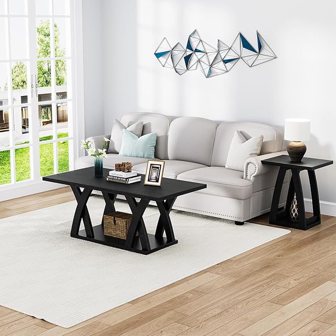 47” Farmhouse Coffee Tables for Living Room Rustic Stands with Storage Shelf Black Coffee Tables for Living Room Farmhouse Center Stands with Shelf Wood Rectangle Center Table