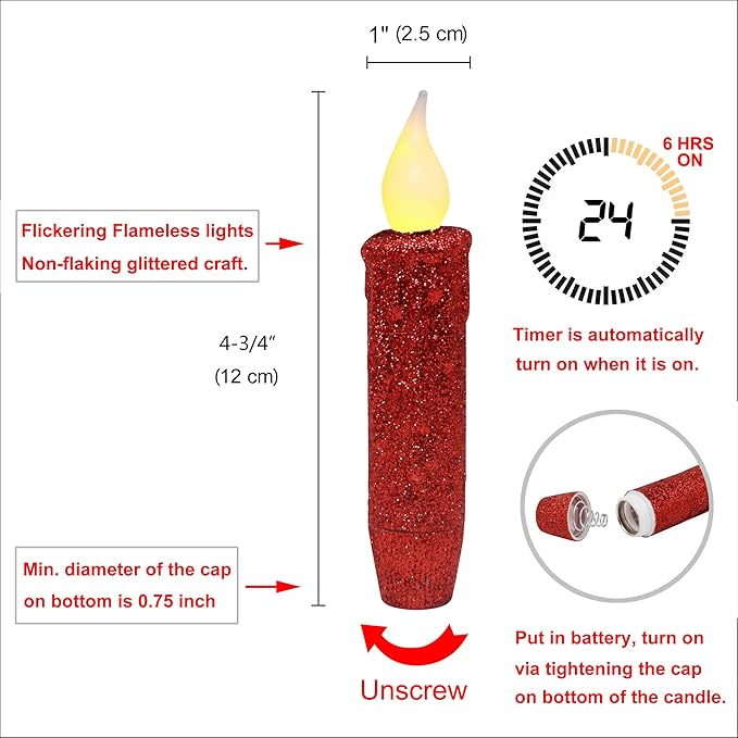 CVHOMEDECO. Glitter Flameless Candles Flickering Battery Operated LED Taper Candles with Timer for Home, Wedding, Halloween, Christmas Decor. Red, 4-3/4 Inch, Set of 2