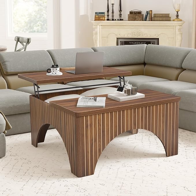 39'' Square Coffee Table with Storage, Farmhouse Lift Top Coffee Table for Living Room Fluted Wood Center Table Arched Dining Table with 2 Hidden Storage Compartment (Walnut)