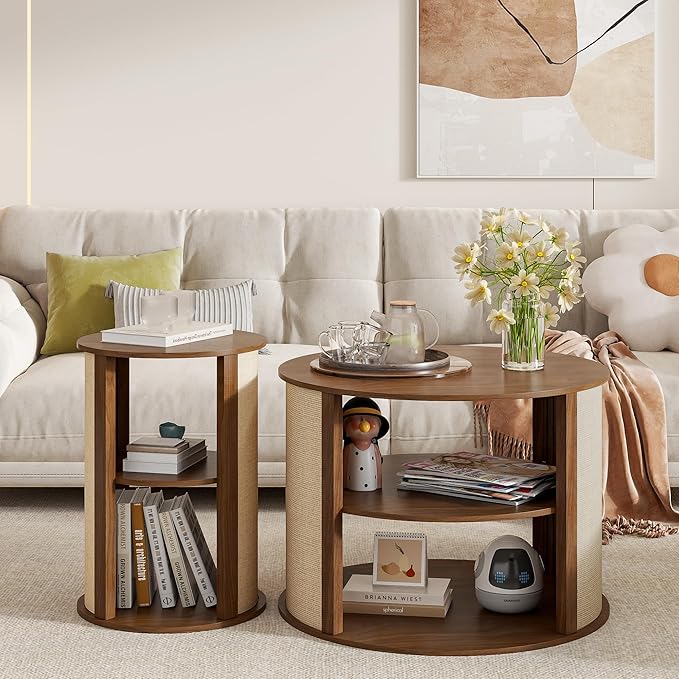 Round Coffee Table Set, 2-Tier Boho Mid Century Modern Wooden Center Coffee Table and End Table Sets of 2 with Adjustable Shelf, Sackcloth Finish, Farmhouse, for Living Room, 27.5 Inches, Walnut