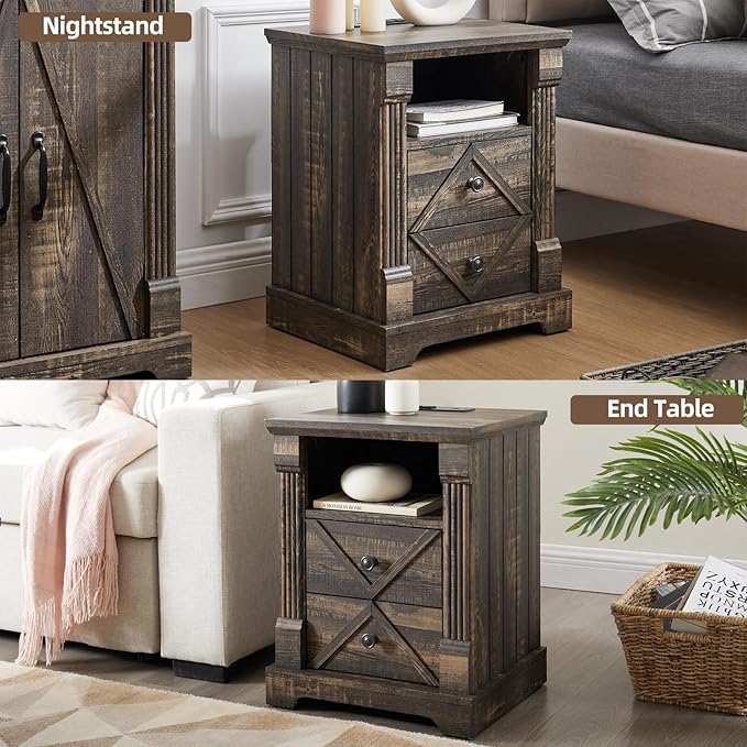 Nightstand with Charging Station, Rustic 18 Inch Farmhouse End Table with Barn Door, Wood Sofa Side Table with 2 Storage Drawers for Living Room, Bedroom, Entryway(Dark Rustic Oak)