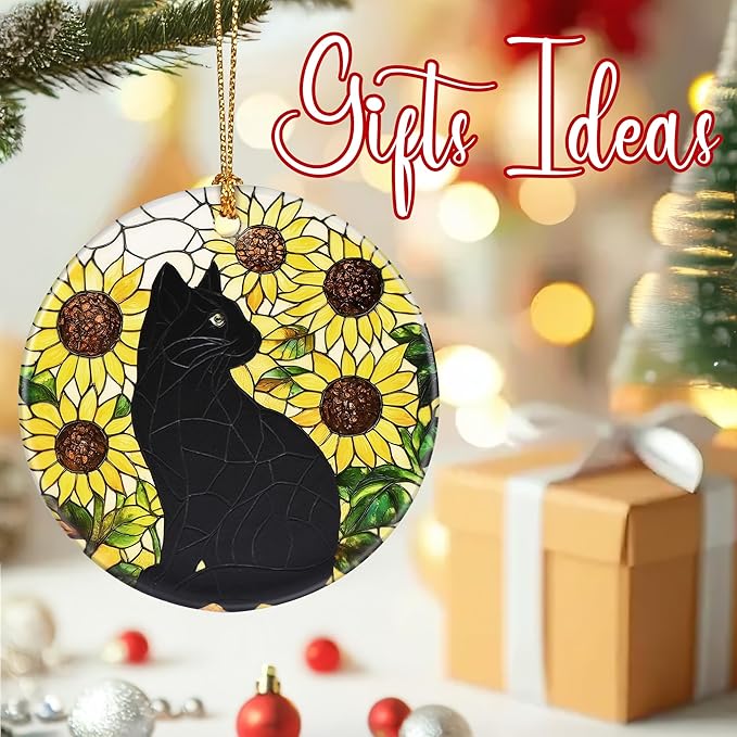 Sunflower Black Cat Ornament, Christmas Ornaments, Christmas Tree Decorations, Holiday Decor, Cat Lover Gifts, Pet Gifts, Xmas Gift & Holiday Presents for Friends or Family