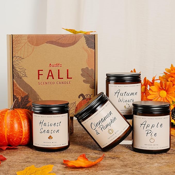 Auelife Fall Candle, Autumn Wreath Scented Soy Candles for Home, Aromatherapy Candle Gift Set for Women & Men, Cozy Fall Dรฉcor, 7oz โ Perfect for Autumn Relaxation and Home Ambiance