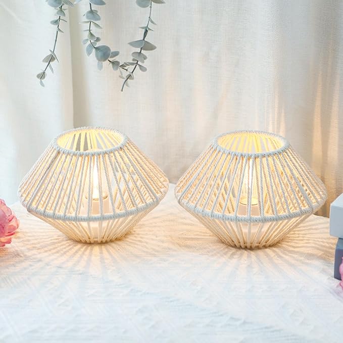TRIROCKS Woven Cotton Rope Table Lamp Set of 2, 5" Cordless Battery Operated Desk Lamp, Boho Wireless LED Lamps for Indoor/Outdoor Bedroom Living Room Weddings Parties Patio Events
