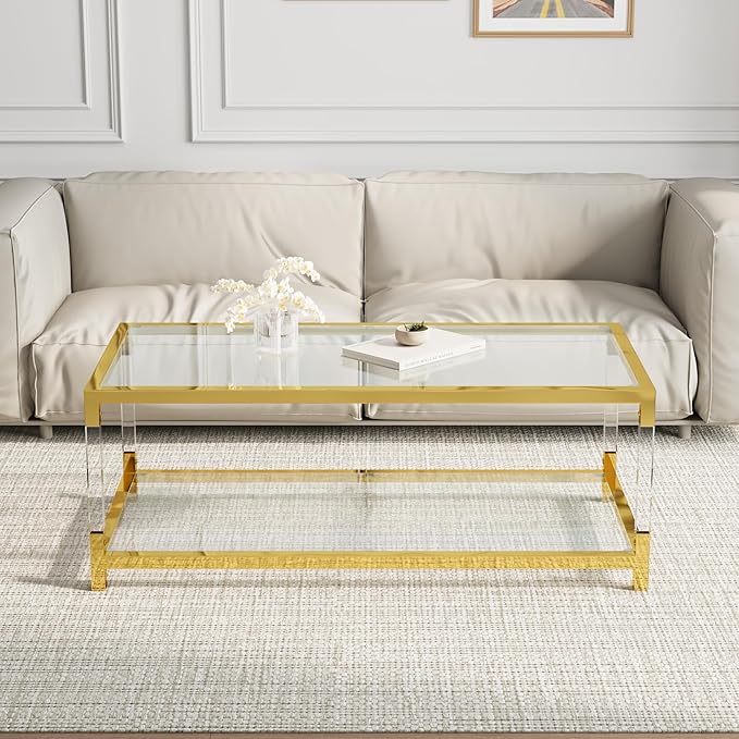 Glass Coffee Table, Modern Glass Table, Gold Rectangular Center Table, Glass Top & Acrylic Legs 2-Tier Storage for Home Living Office (Gold, 47.2'')