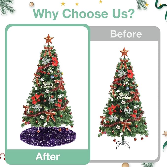 Purple Sequin Tree Skirt 48 Inches Sparkly Christmas Tree Skirts Velvet Halloween Tree Skirt Large Santa Tree Skirts Xmas Tree Base Cover Royal Purple Tree Cover for Christmas Party Decor