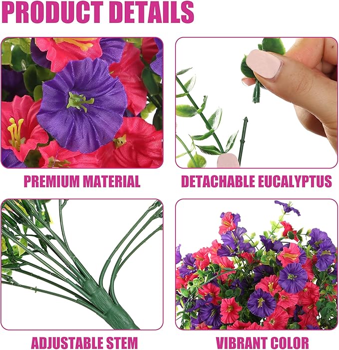 Artificial Fake Hanging Flowers Plants for Outdoor Outside Spring Summer Decoration 2PCS Faux Silk UV Resistant Realistic Morning Glory with Eucalyptus for Home Porch Patio Balcony(Purple & Hot Pink)