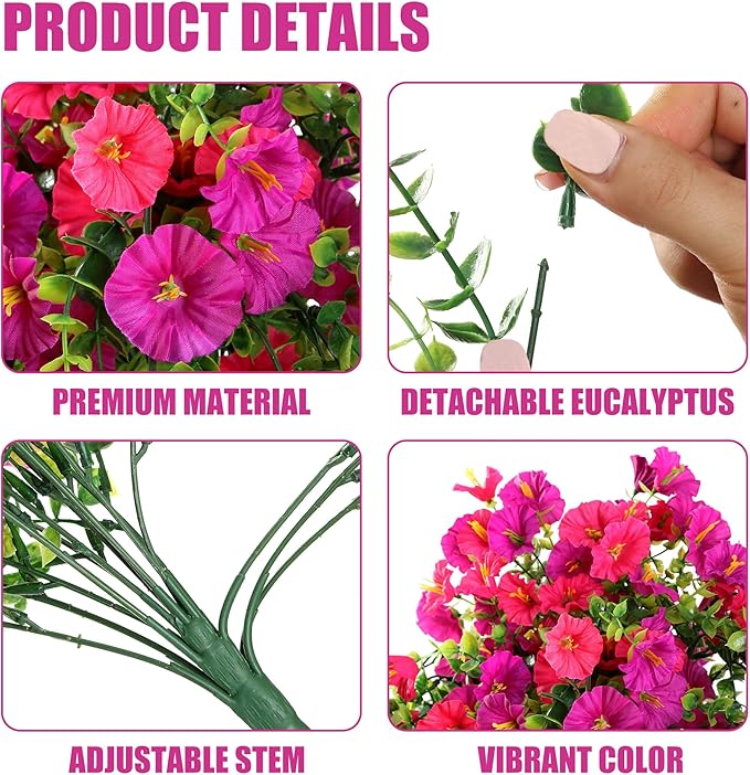 Artificial Fake Hanging Flowers Plants for Outdoor Outside Spring Summer Decoration 2PCS Faux Silk UV Resistant Realistic Morning Glory with Eucalyptus for Home Porch Patio Balcony(Magenta & Hot pink)