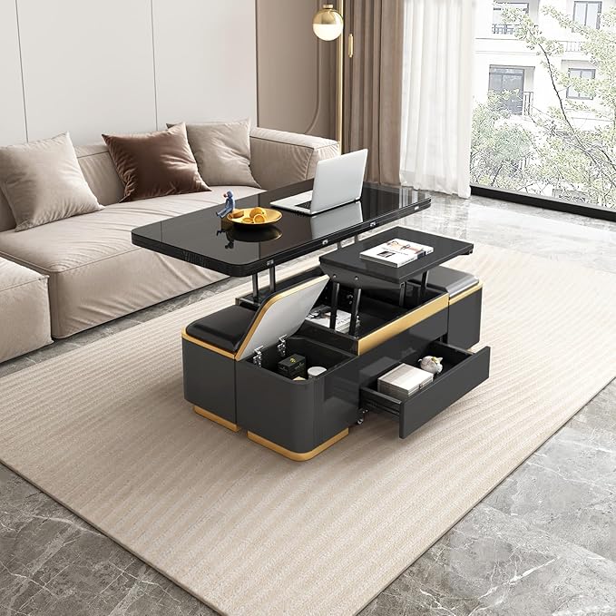 Lift Top Coffee Table with 4 Storage Stools, 3 in 1 Multi-Functional Coffee Table with Drawers, Convertible Table with Hidden Compartment Storage for Living Room, Apartment, Home, Black